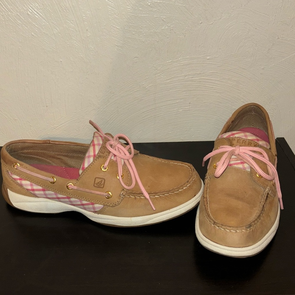 Tan and pink glitter plaid Sperry boat shoes top-sider